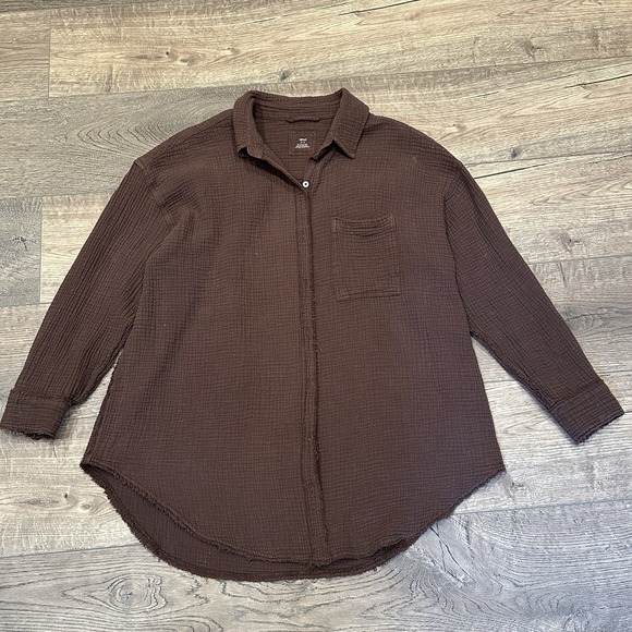 AERIE Pool to Party Cover Up Shirt Oversized Distressed Women's Size S Brown - Picture 1 of 9